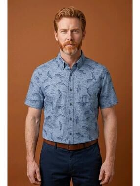 New Eddie Bauer Men's MR SS BAJA shirt - Fish Print DenBlue sz Small